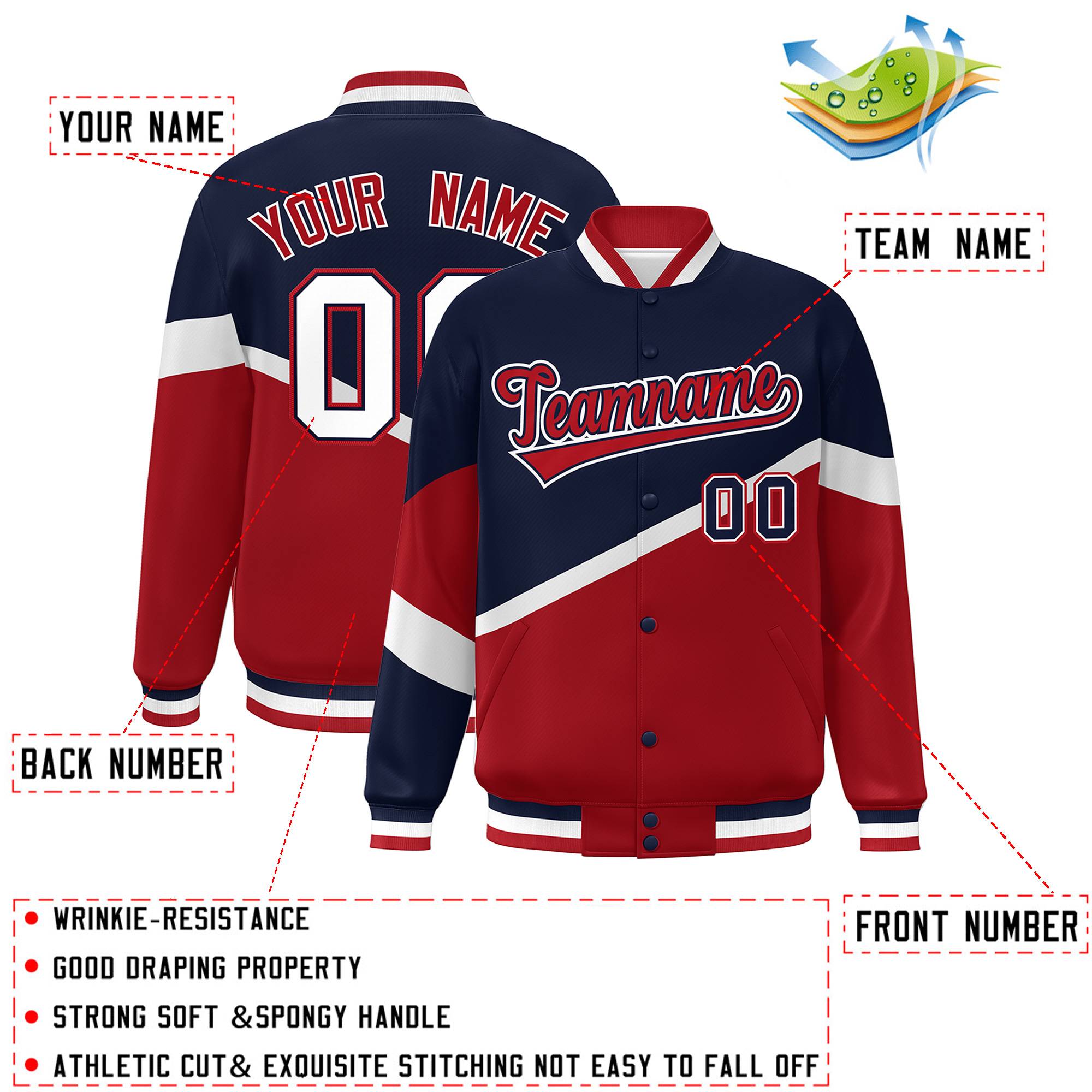 Custom Navy Red-Navy Color Block Bomber Varsity Baseball Jacket