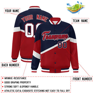 Custom Navy Red-Navy Color Block Bomber Varsity Baseball Jacket