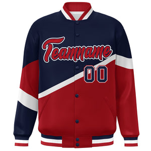 Custom Navy Red-Navy Color Block Bomber Varsity Baseball Jacket