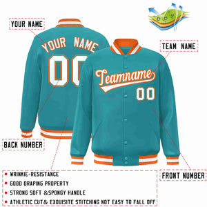 Veste Letterman personnalisée Aqua White-Orange Classic Style Varsity Full-Snap