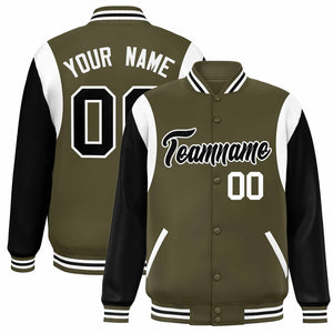 Custom Olive Black-White Color Block Bomber Varsity Full-Snap Baseball Jacket