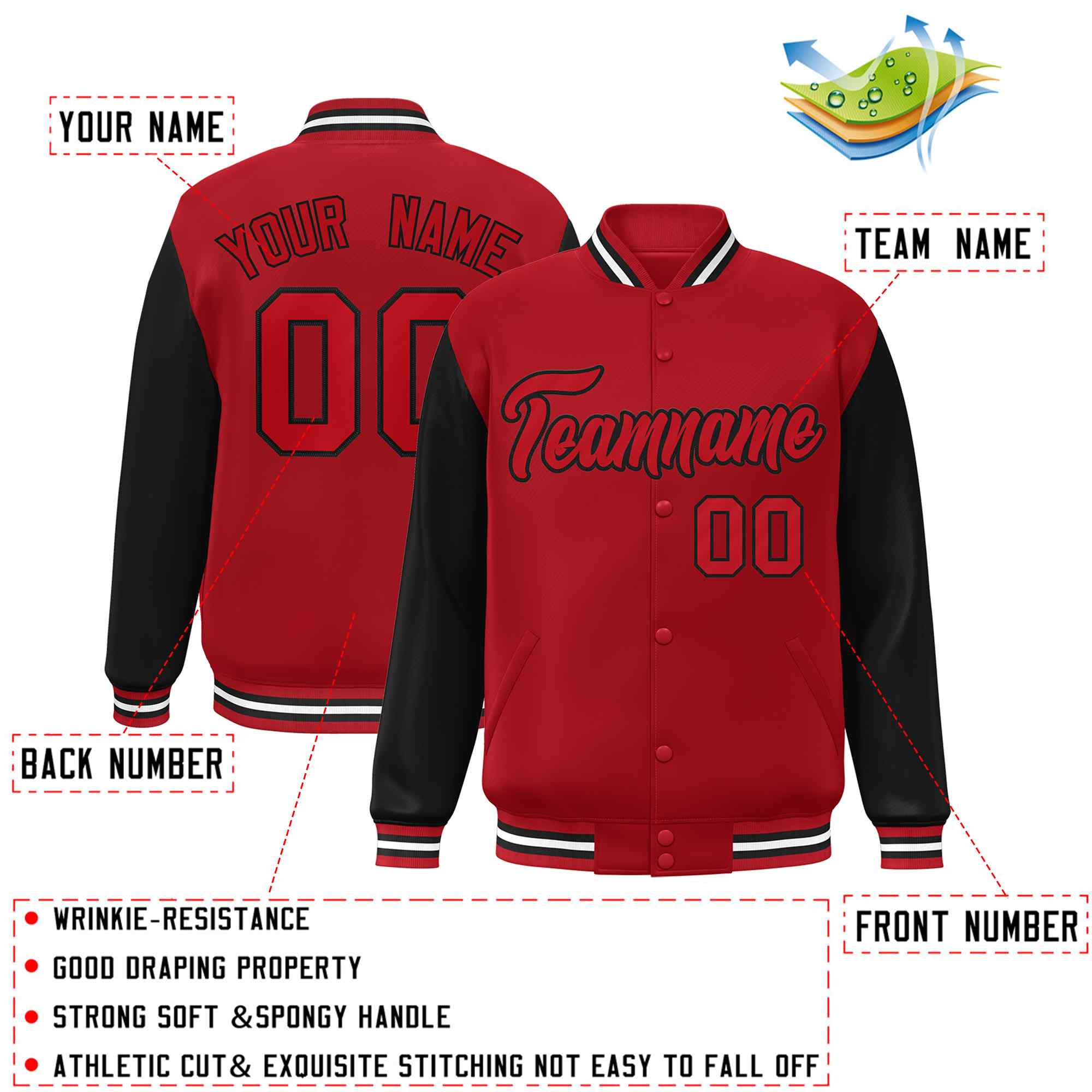 Veste Letterman Varsity Full-Snap à manches raglan rouge-noir personnalisée