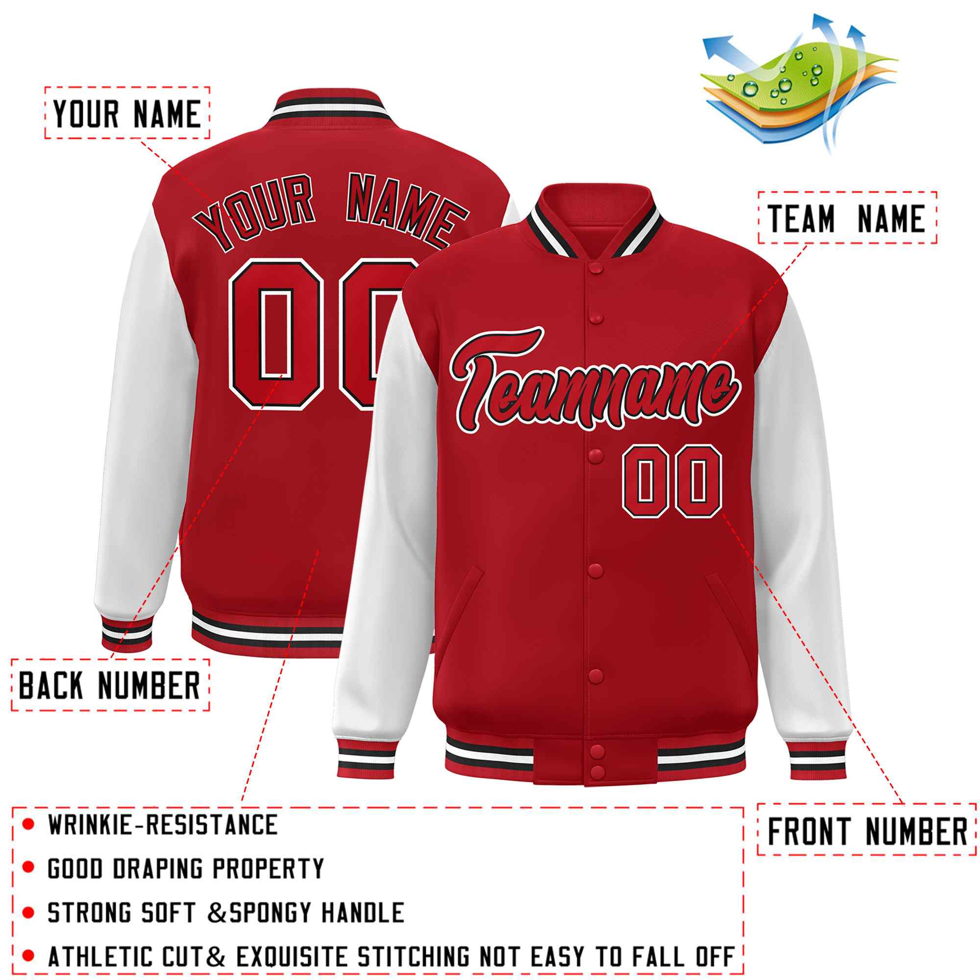 Veste Letterman Varsity Full-Snap à manches raglan rouge-noir personnalisée