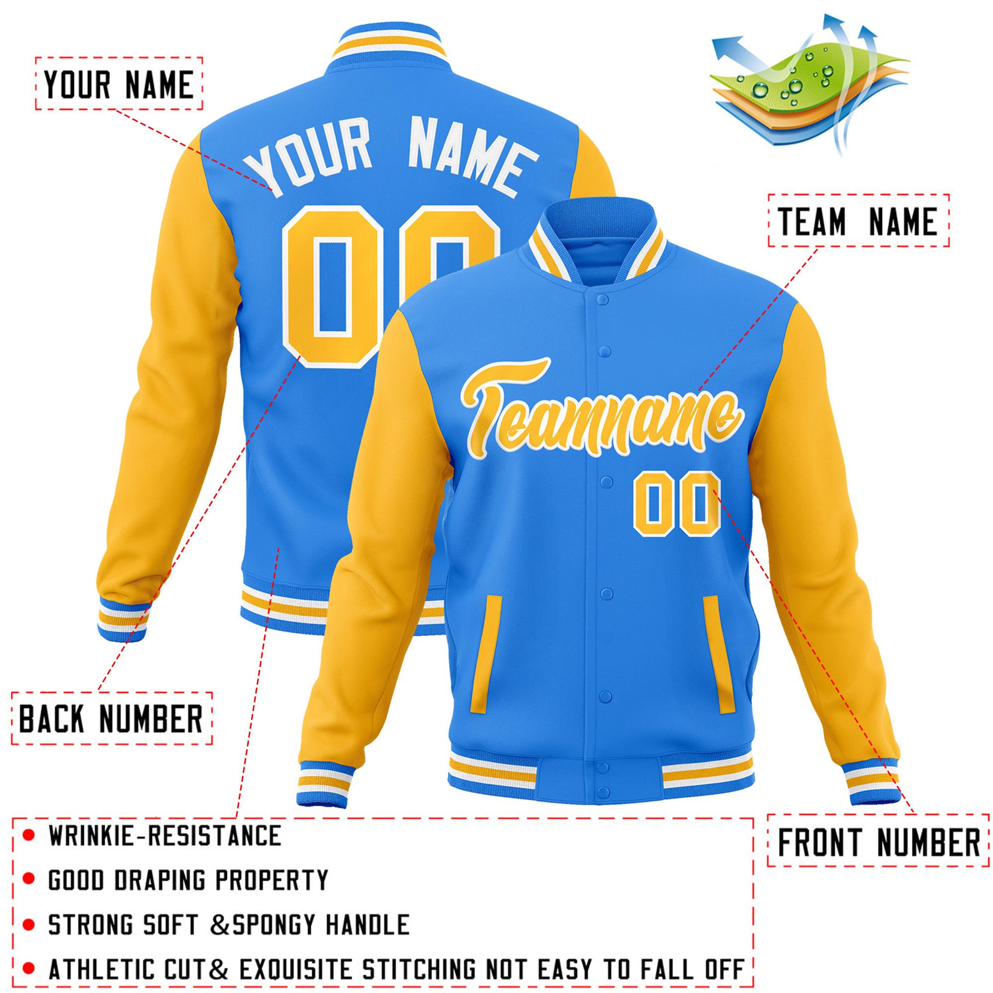 Veste Letterman Varsity Full-Snap à manches raglan personnalisées bleu poudre jaune-blanc