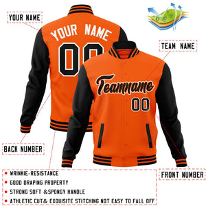 Veste Letterman Varsity Full-Snap Custom Orange Noir-Orange à manches raglan