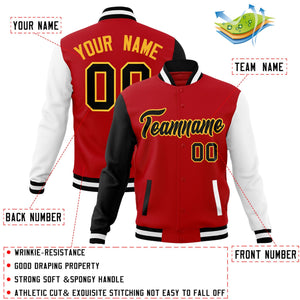 Veste Letterman Varsity Full-Snap à manches raglan rouge noir-blanc personnalisée