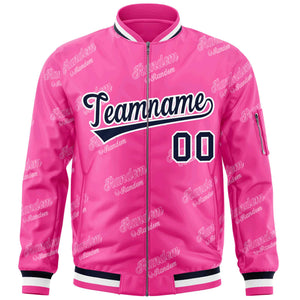 Custom Pink Navy-White Letter Full-Zip Varsity Bomber Jacket