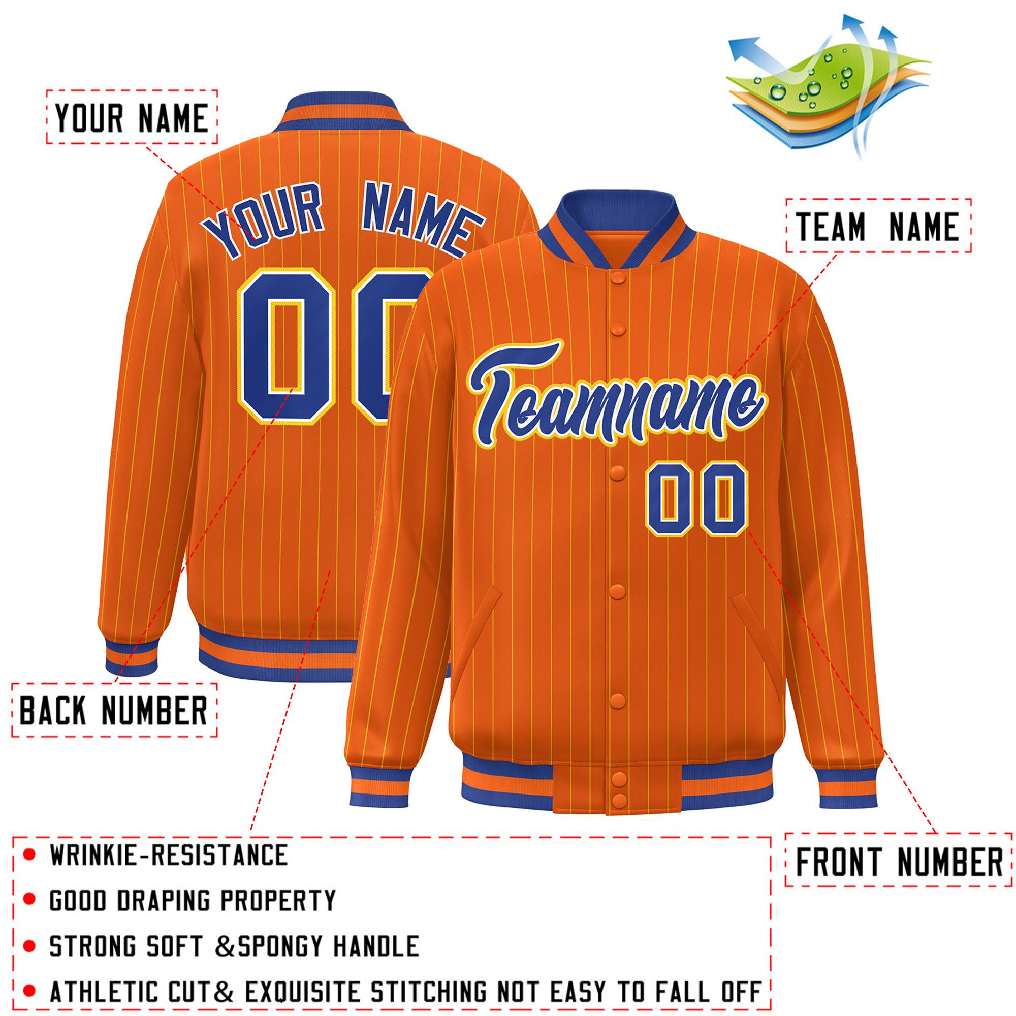 Custom Orange Royal-Gold Personnalisé Stripe Fashion Letterman Bomber Varsity Jacket