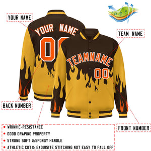 Custom Brown Gold-Orange Flame Graffiti Pattern Bomber Varsity Full-Snap Jacket