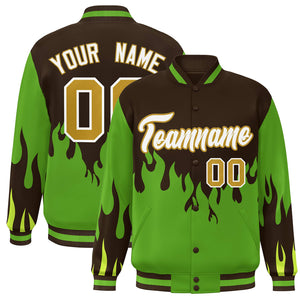 Custom Brown Green-White Flame Graffiti Pattern Bomber Varsity Full-Snap Jacket