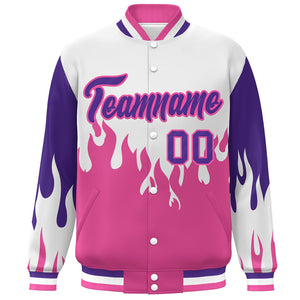 Custom White Pink-Purple Flame Graffiti Pattern Bomber Varsity Full-Snap Jacket