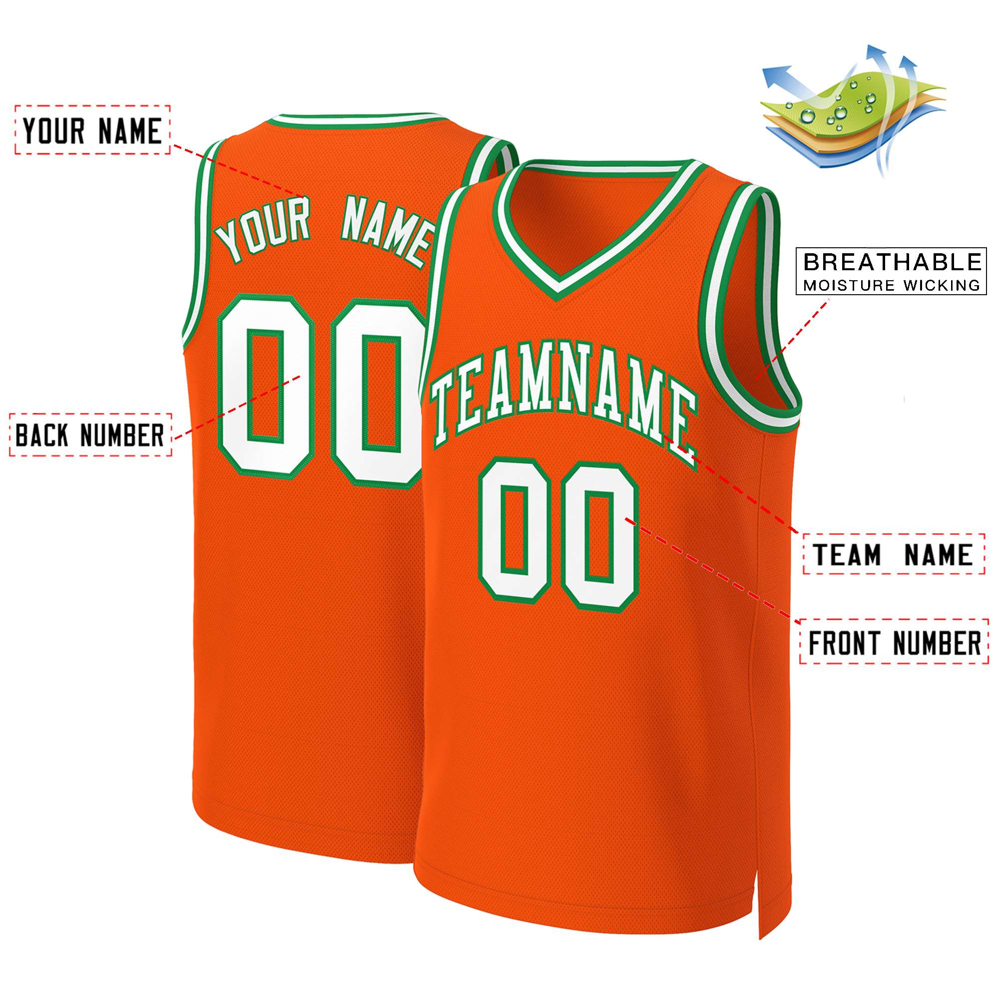 Maillot de basket-ball classique personnalisé Orange blanc-vert Kelly