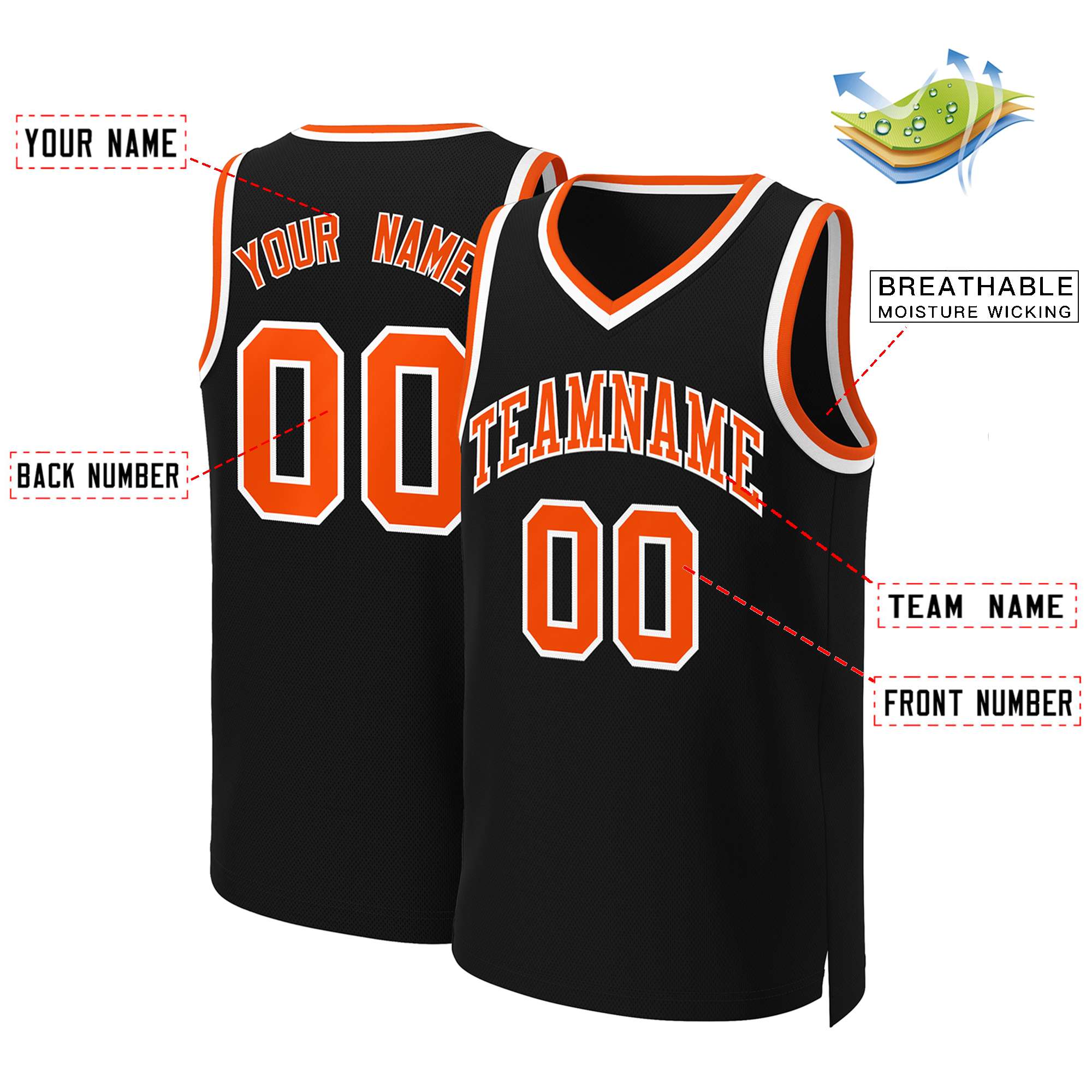 Maillot de basket-ball classique personnalisé noir Orange-blanc