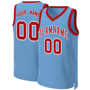 Maillot de basket-ball classique personnalisé, bleu clair, rouge et blanc