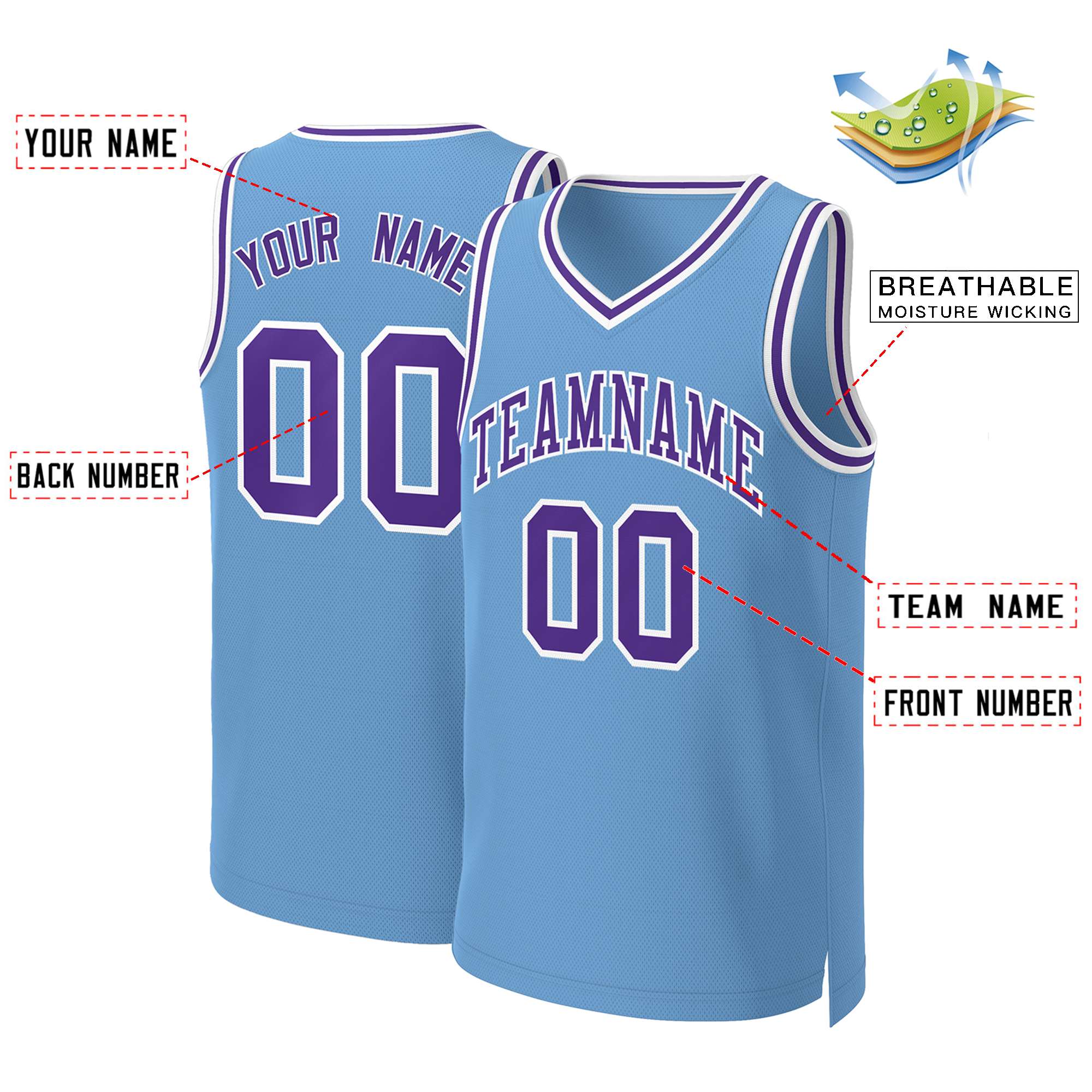 Custom Light Blue Purple-White Classic Tops Basketball Jersey