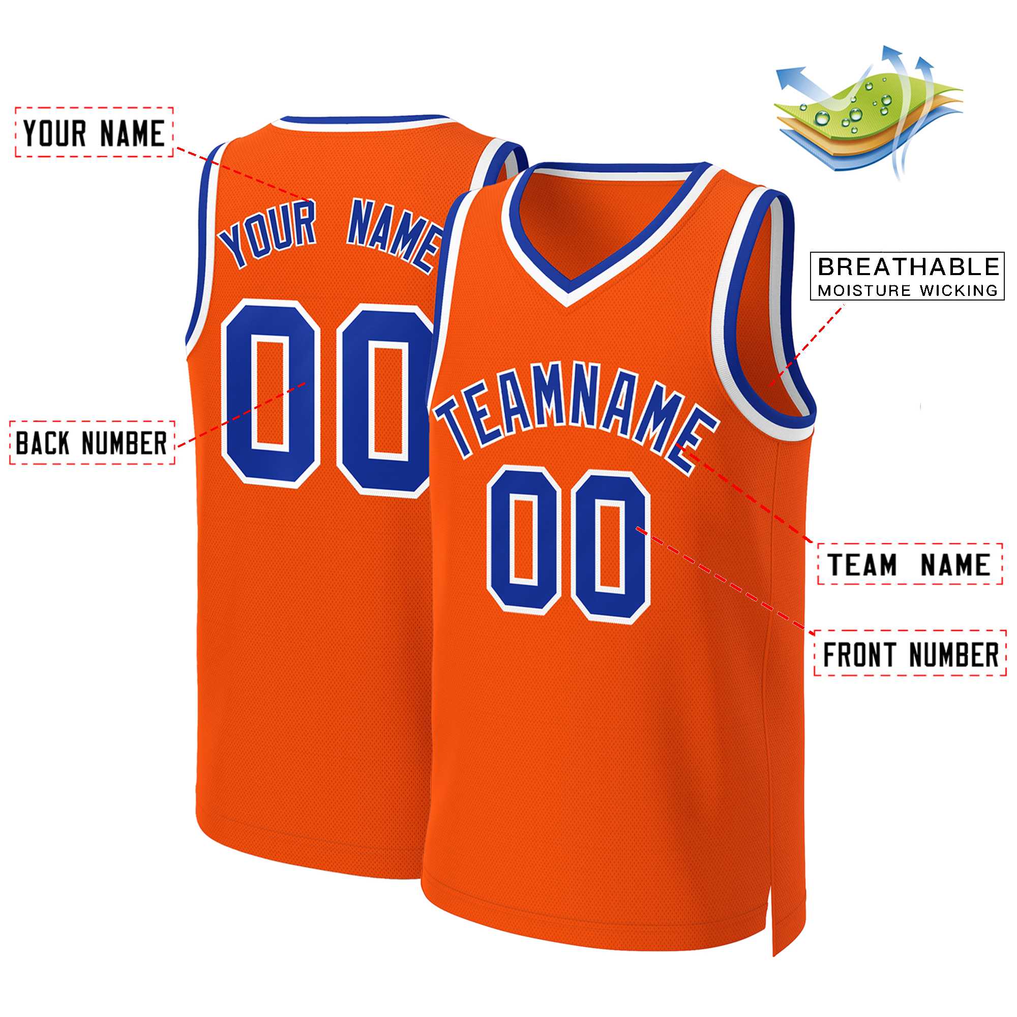 Maillot de basket-ball classique personnalisé Orange Royal-blanc