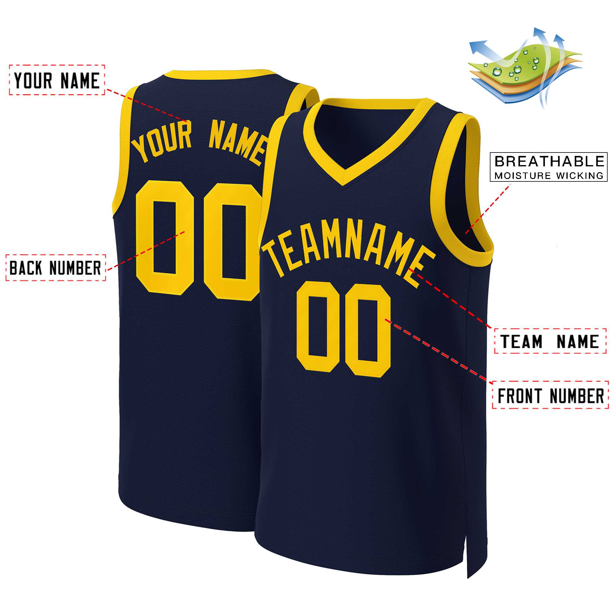 Maillot de basket-ball classique jaune marine personnalisé