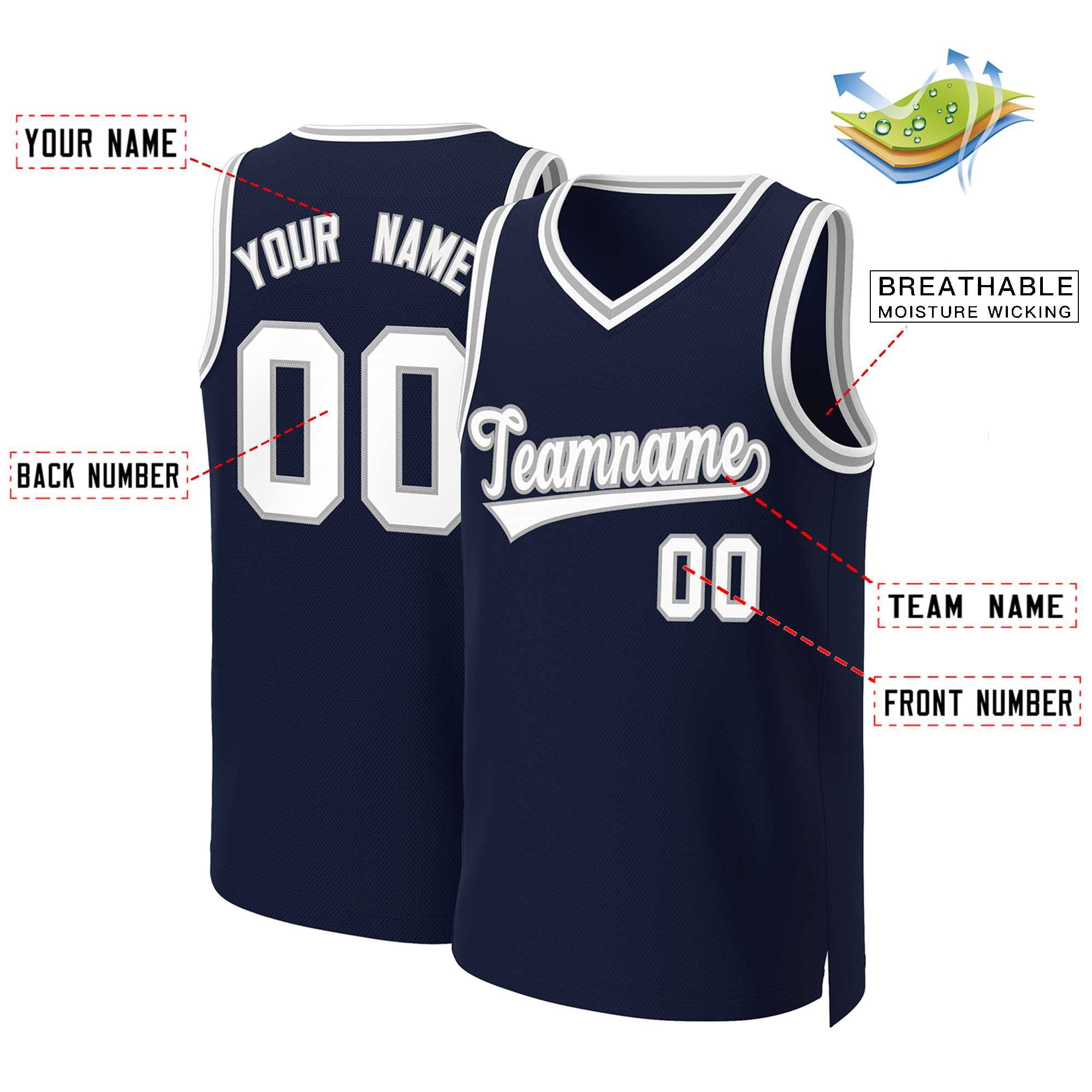 Maillot de basket-ball classique personnalisé, blanc-gris, marine, personnalisé