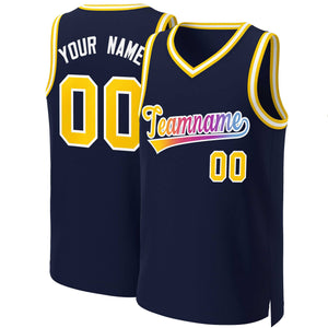 Maillot de basket-ball personnalisé, haut à la mode, dégradé classique, jaune-blanc marine