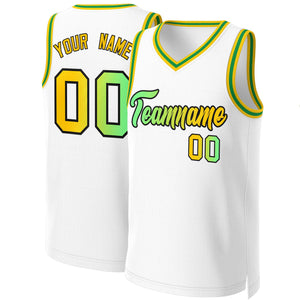 Maillot de basket-ball personnalisé, blanc, vert-noir, dégradé classique, hauts à la mode