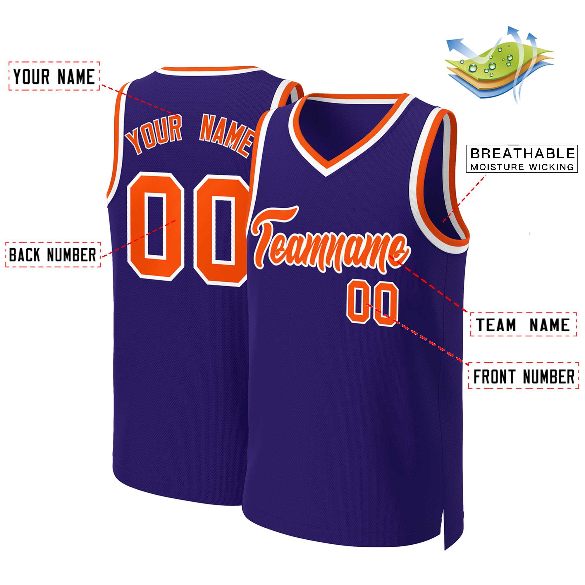 Maillot de basket-ball classique personnalisé violet orange-blanc