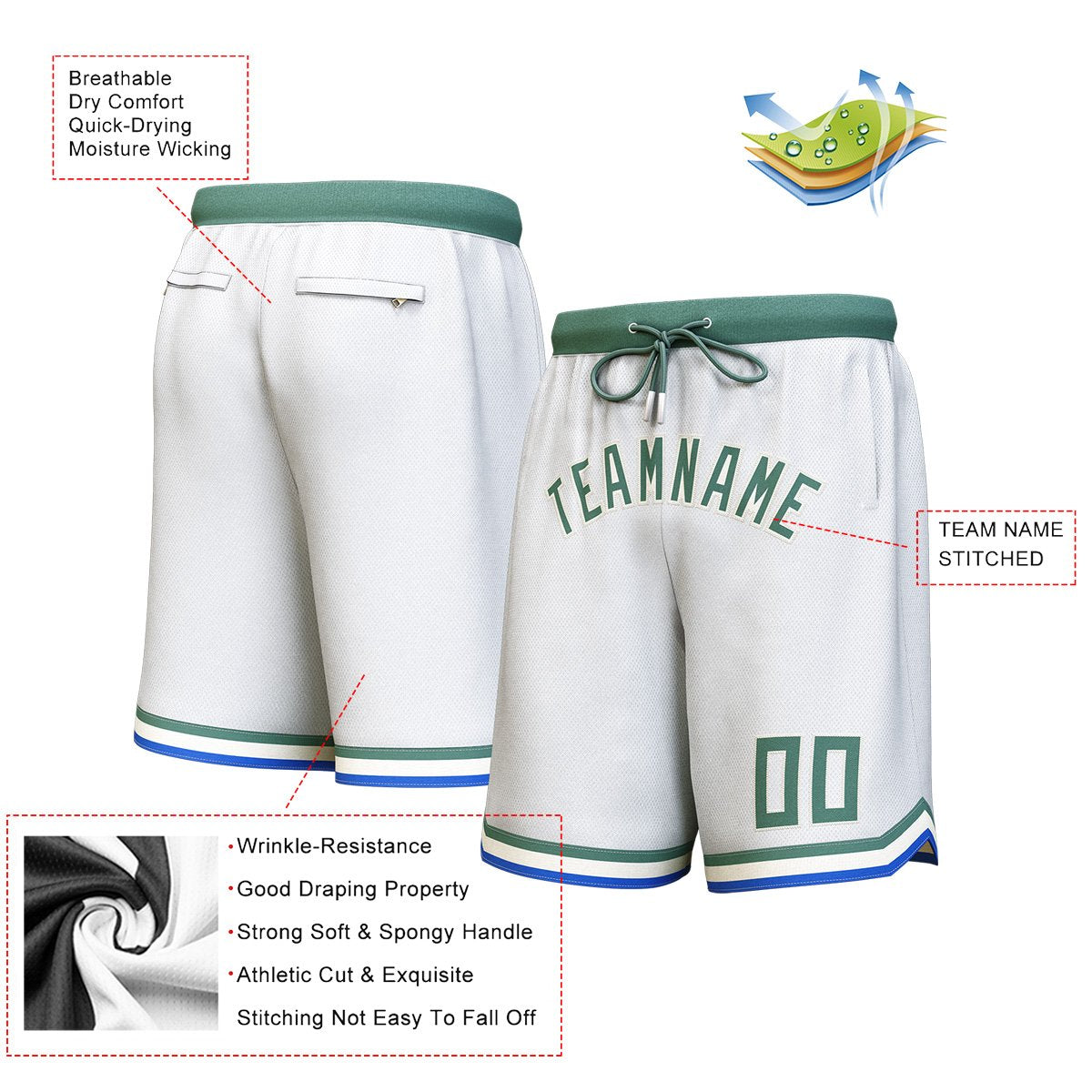 Custom White Hunter Green-Cream Personalized Basketball Shorts