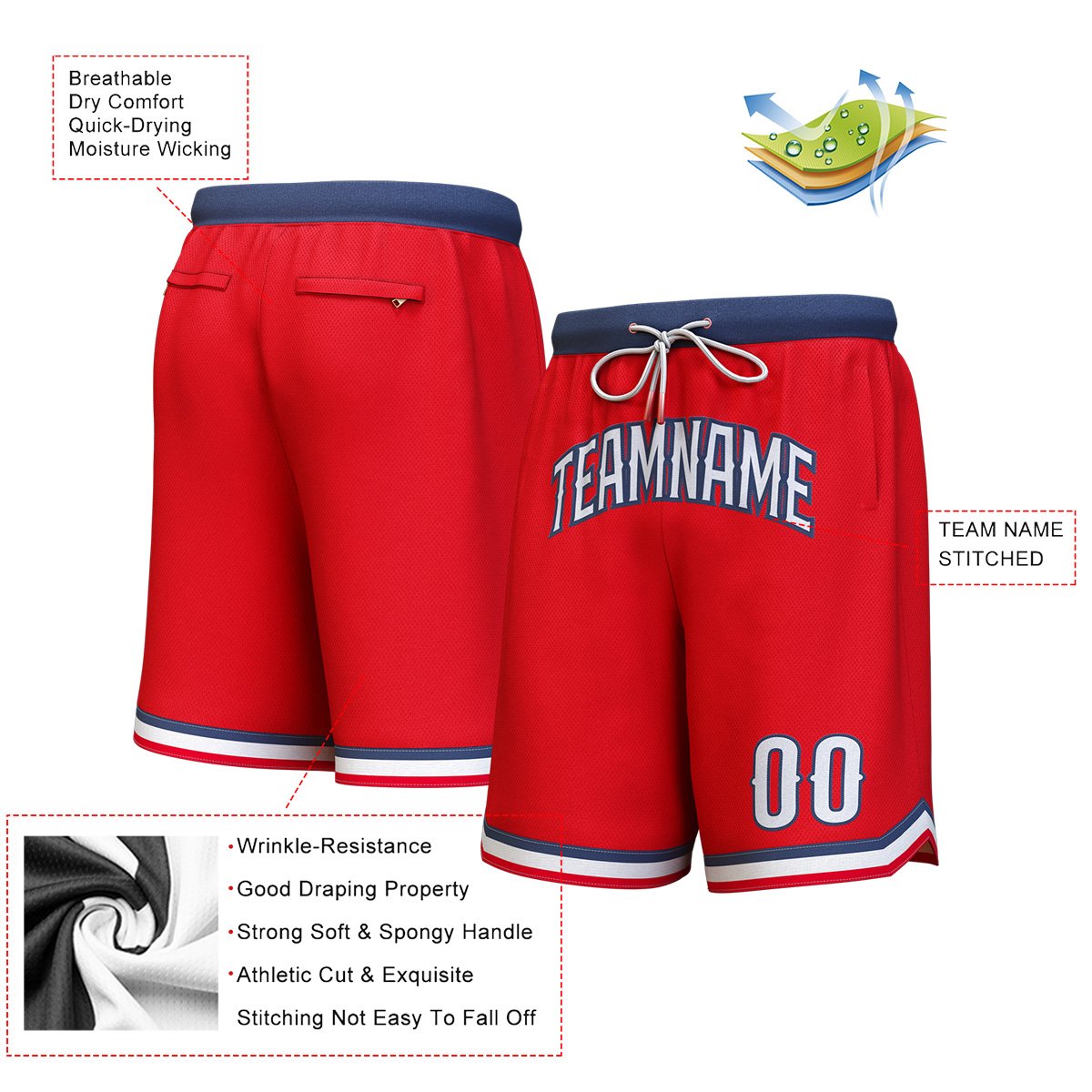 Custom Red White-Navy Personalized Basketball Shorts