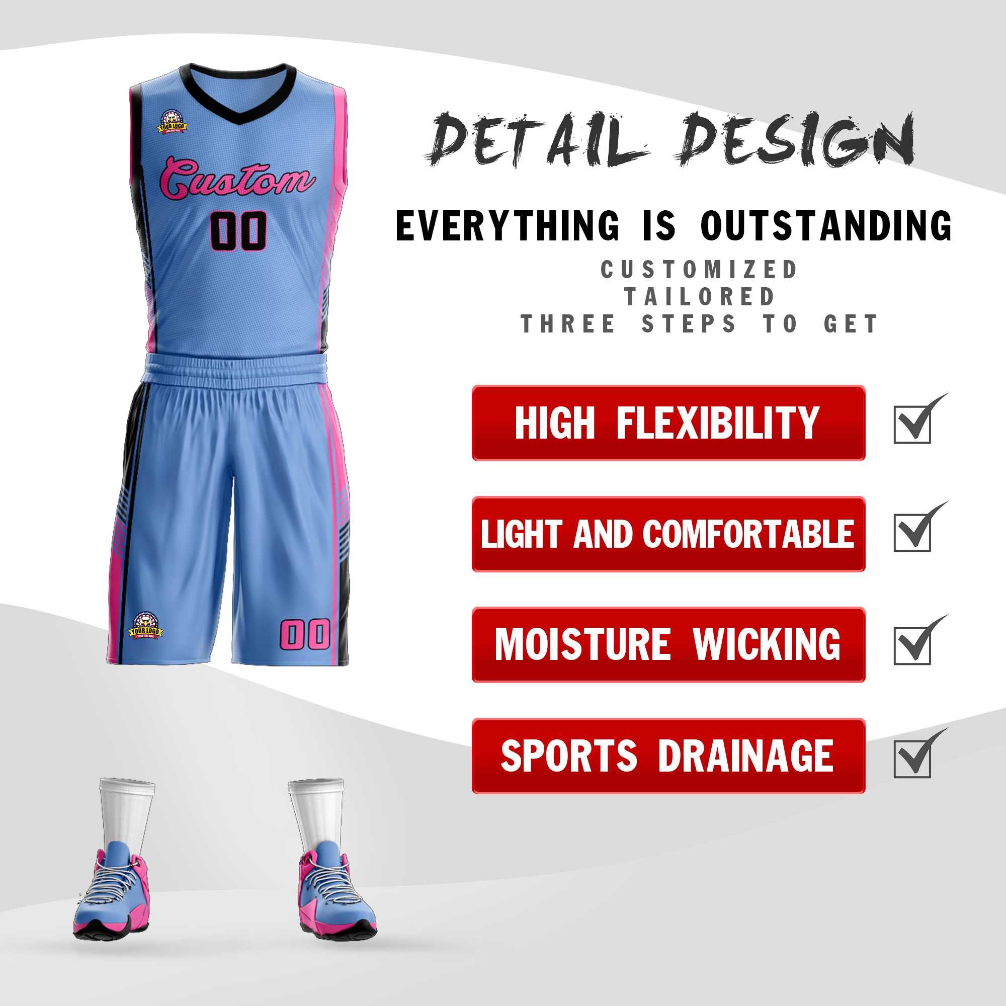 Custom Light Blue Black-Pink Classic Sets Sports Uniform Basketball Jersey