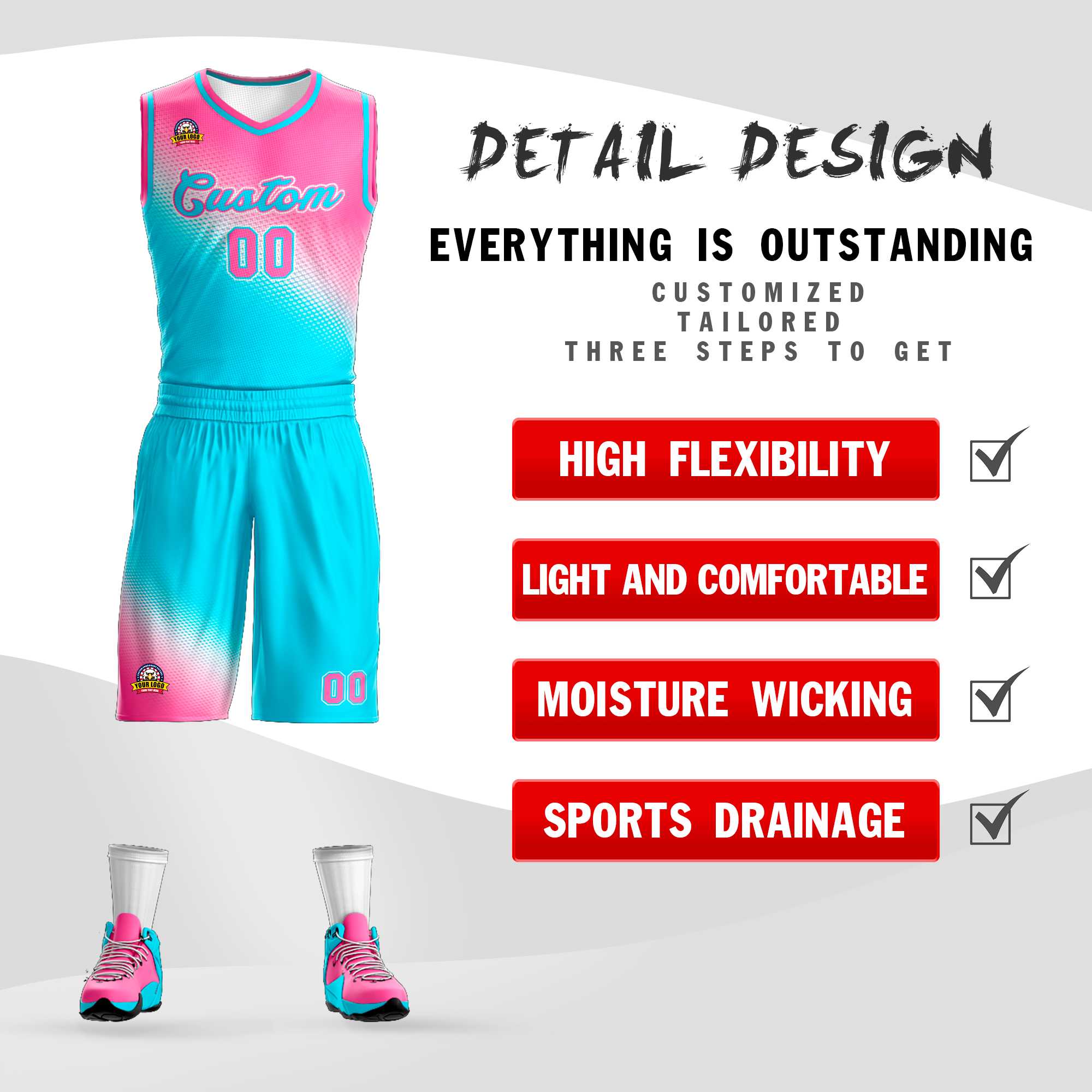 Custom Pink Sky Blue Gradient Fashion Sports Uniform Basketball Jersey