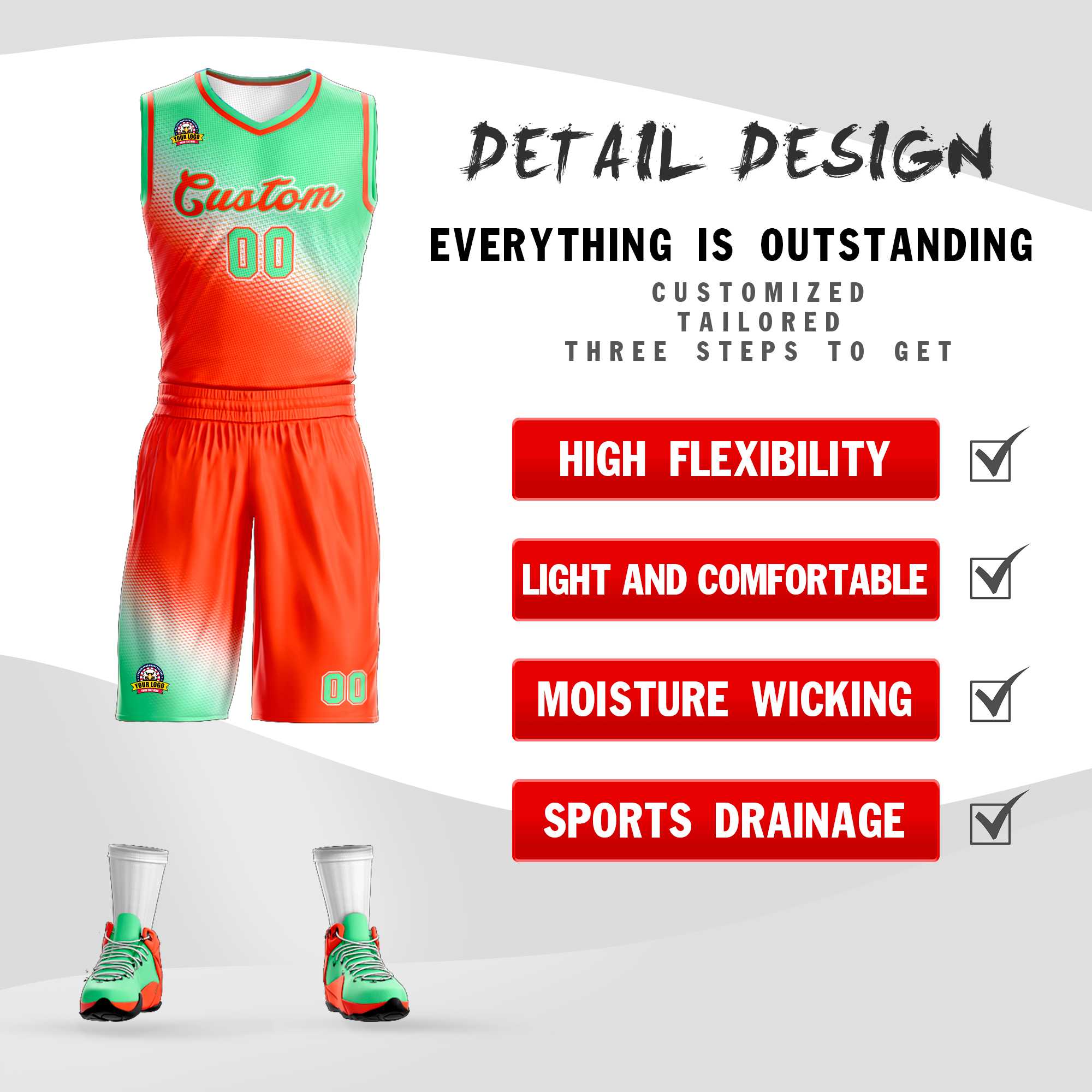 Custom Light Green Orange Gradient Fashion Sports Uniform Basketball Jersey