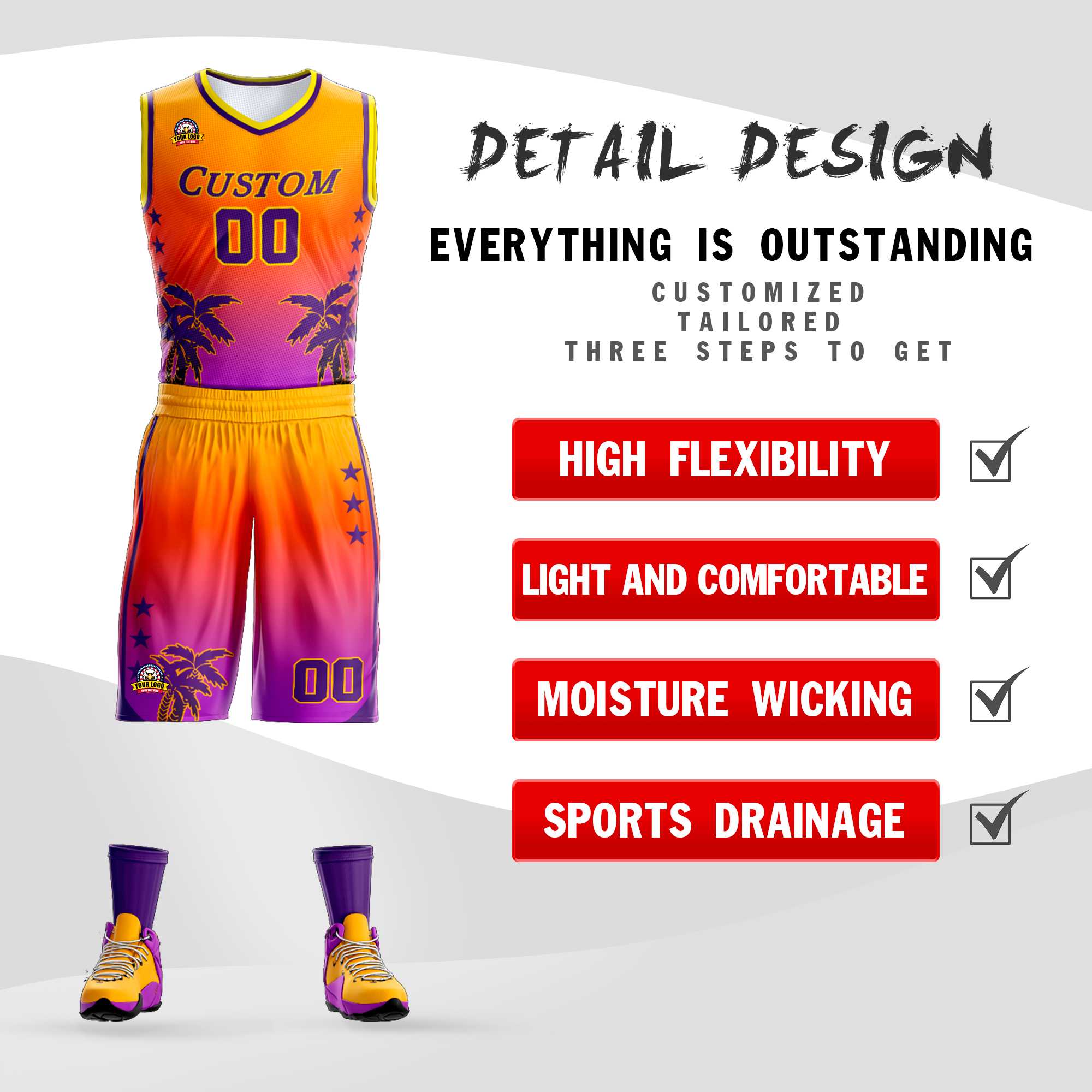 Maillot de basket-ball personnalisé, uniforme de sport à motif de cocotier, dégradé jaune Orange-violet à la mode