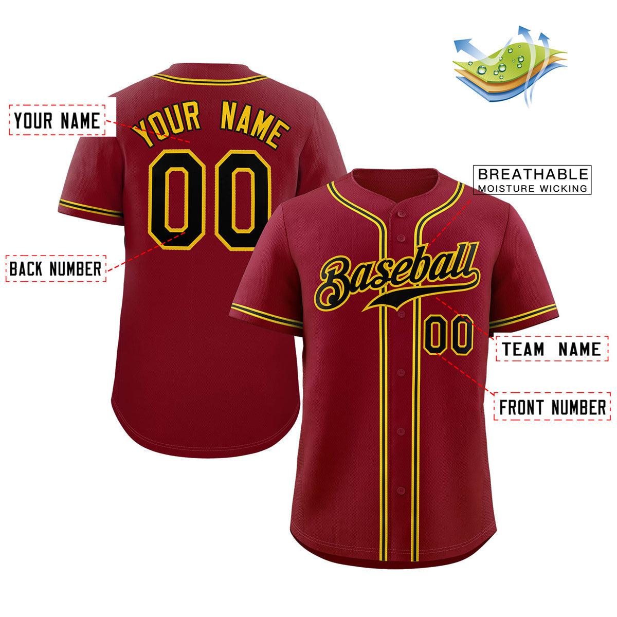 Custom Crimson Black-Gold Classic Style Authentic Baseball Jersey