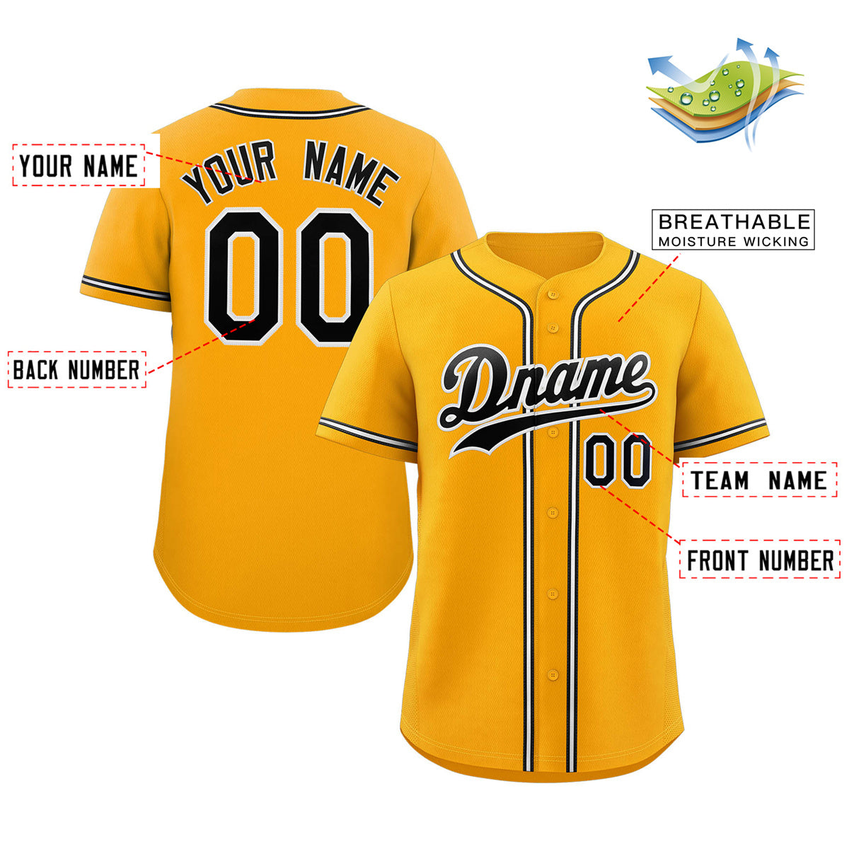 Maillot de baseball authentique de style classique jaune noir-blanc personnalisé