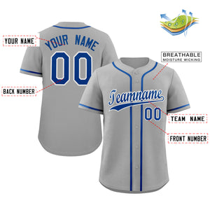 Maillot de baseball authentique de style classique gris royal-blanc personnalisé