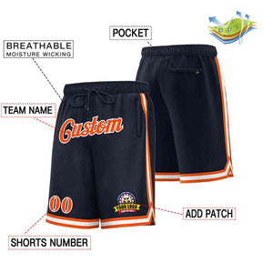 Short de basket-ball en maille de style classique, personnalisé, bleu marine, orange-blanc