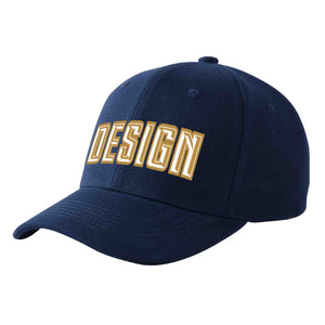 Casquette de baseball personnalisée bleu marine-vieil or incurvée avec avant-toit et design sportif