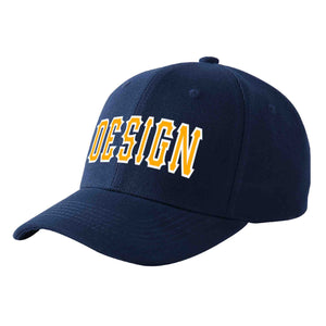 Custom Navy Yellow-White Curved Eaves Sport Design Baseball Cap