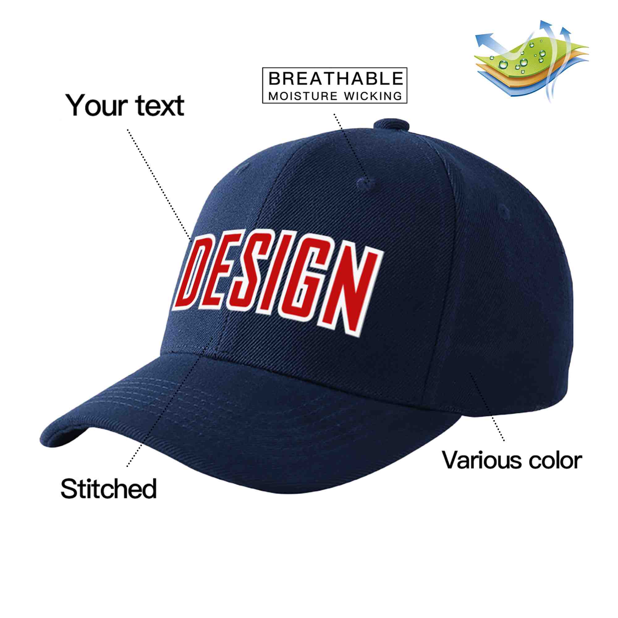 Casquette de baseball personnalisée bleu marine rouge-blanc avec avant-toit incurvé