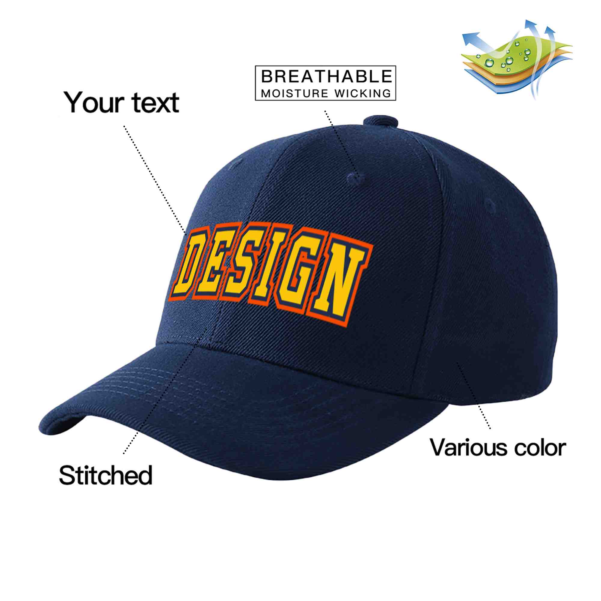 Casquette de baseball courbée personnalisée avec avant-toit et design sportif, bleu marine, or-marine