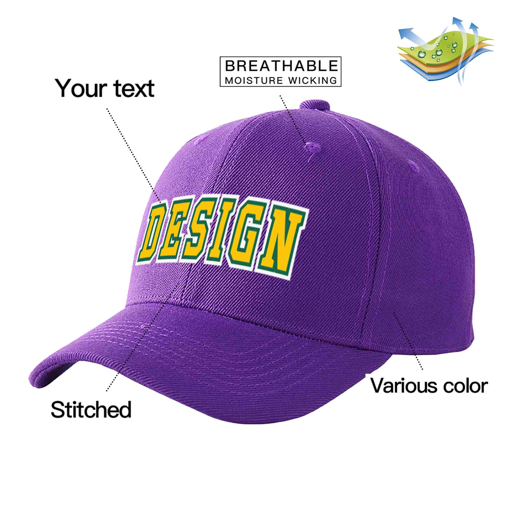 Casquette de baseball personnalisée avec avant-toit incurvé violet doré et vert Kelly