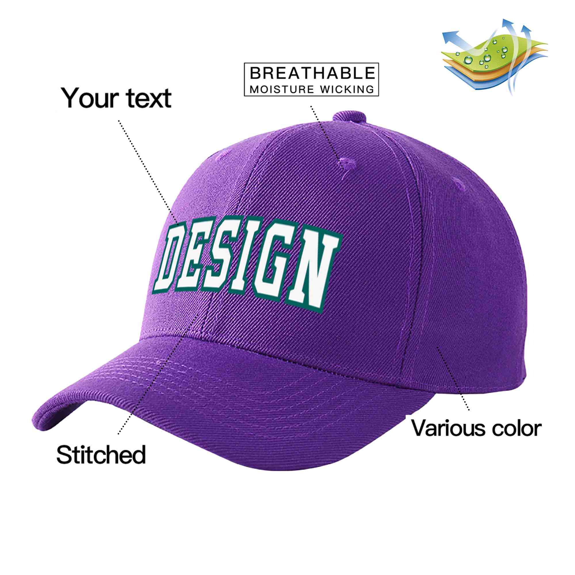 Casquette de baseball personnalisée violet blanc-aqua courbé Eaves Sport Design