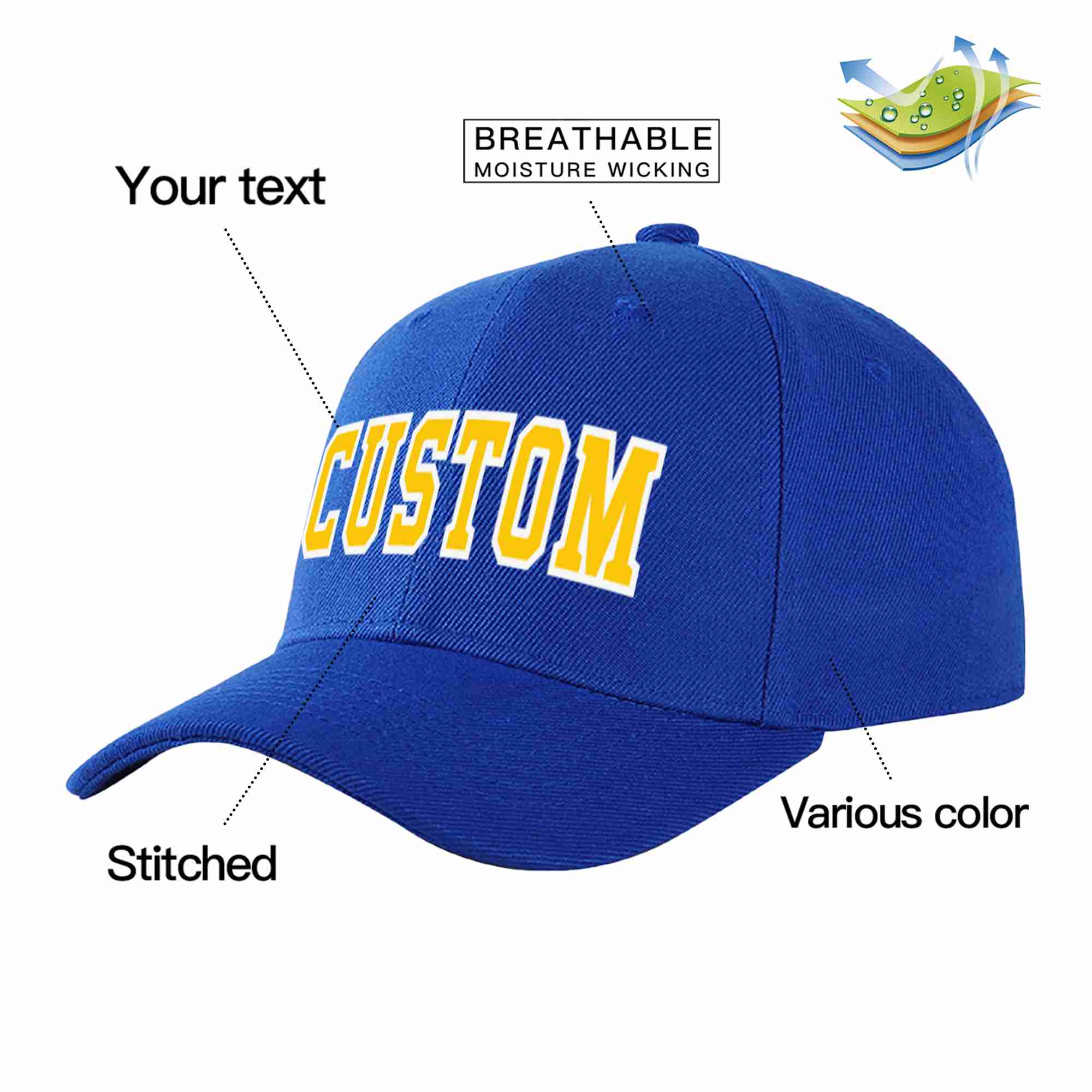 Conception personnalisée de casquette de baseball de sport incurvée jaune-blanc royal pour hommes/femmes/jeunes