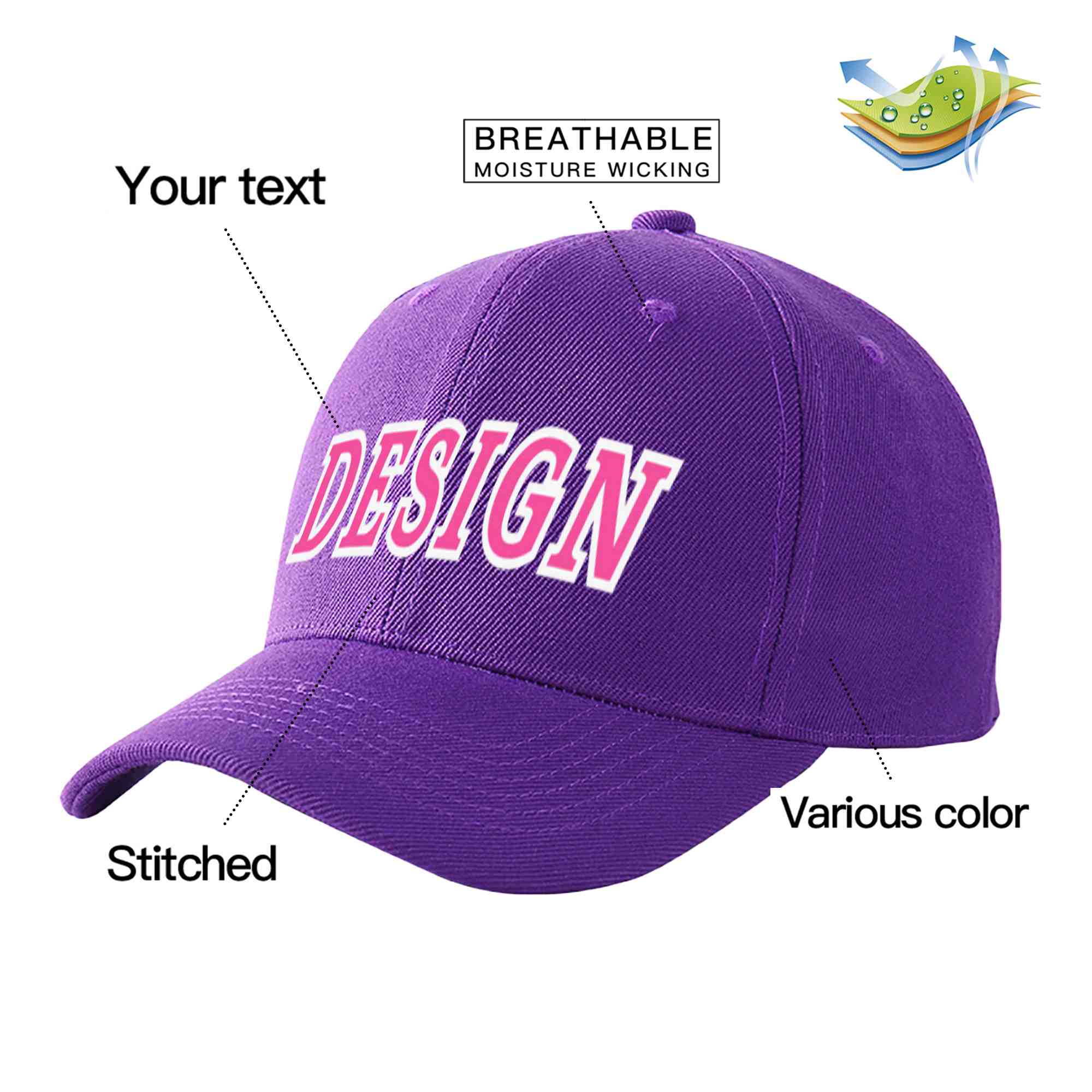 Casquette de baseball incurvée personnalisée violet rose-blanc avec avant-toit