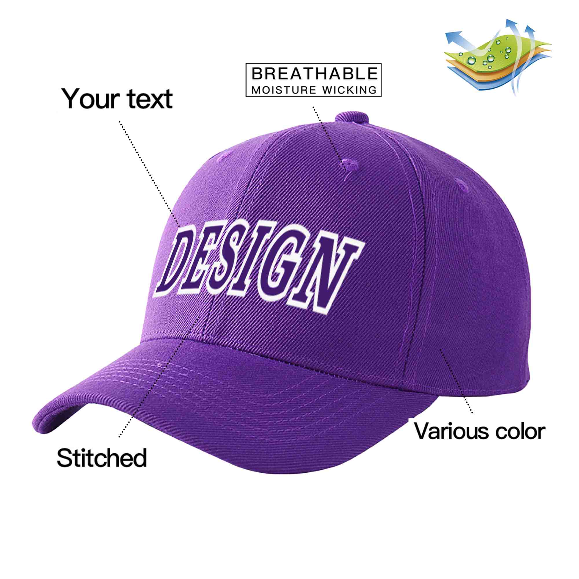 Casquette de baseball personnalisée, violet, violet, blanc, courbée, design sportif