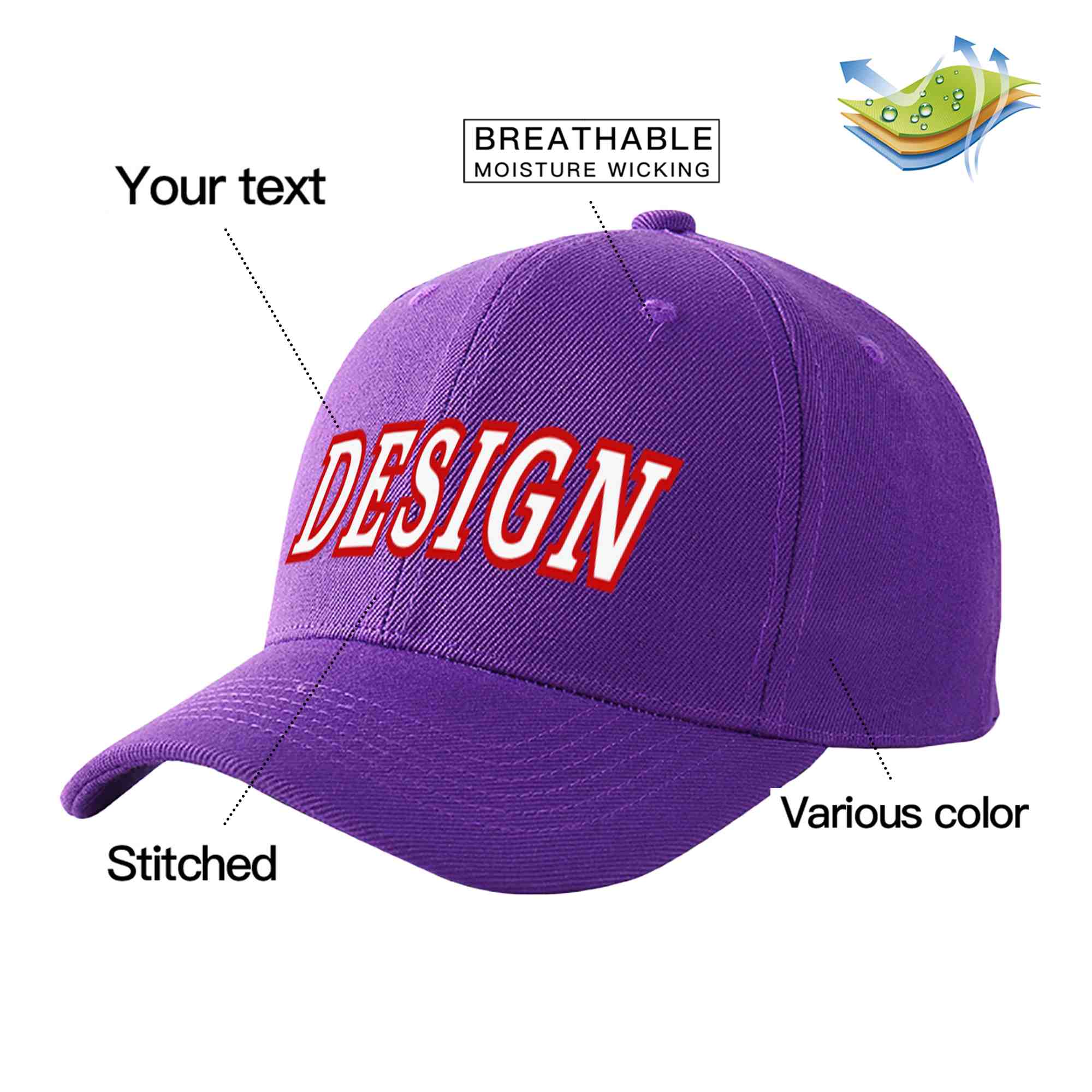 Casquette de baseball personnalisée violet blanc-rouge avec avant-toit incurvé