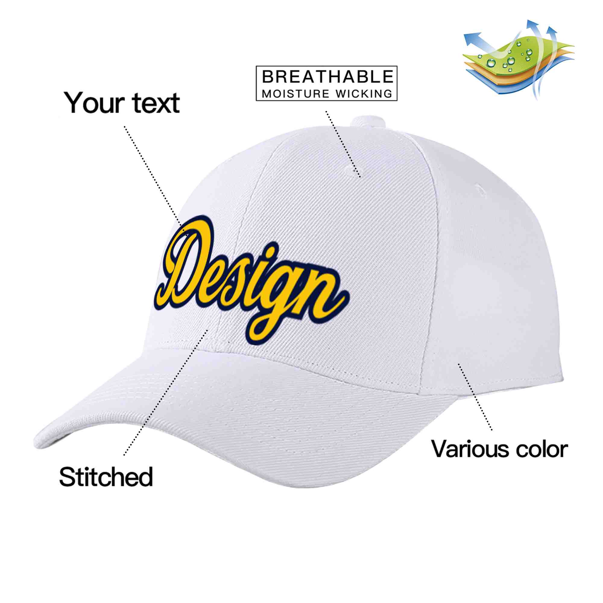 Casquette de baseball personnalisée blanche jaune-marine incurvée Eaves Sport Design