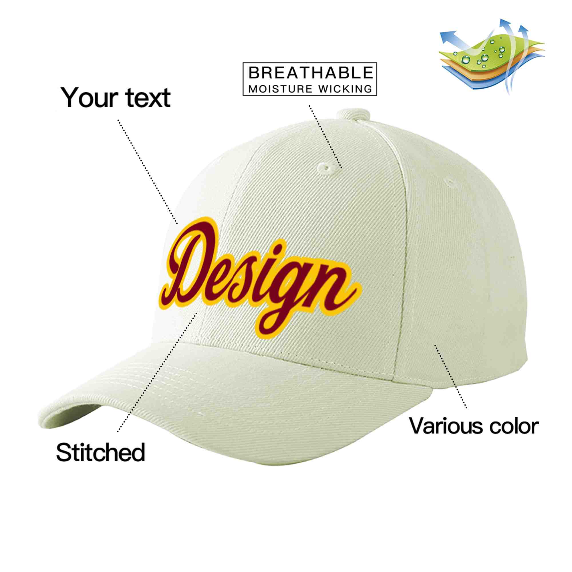 Custom Cream Crimson-Gold Curved Eaves Sport Design Baseball Cap