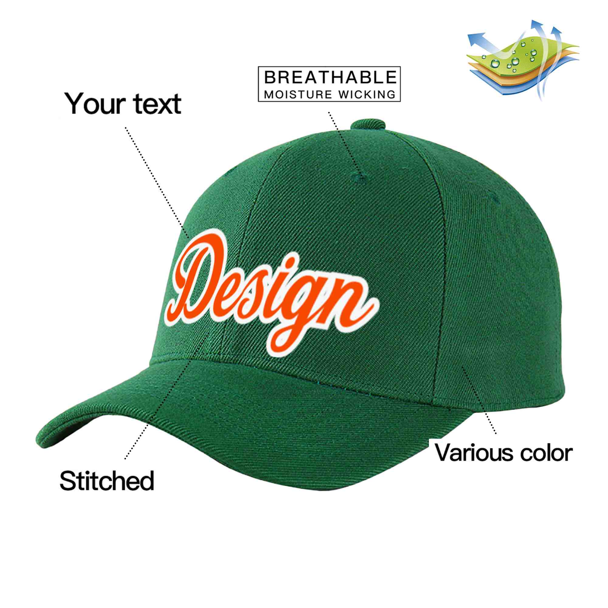 Casquette de baseball incurvée personnalisée vert orange-blanc avec avant-toit