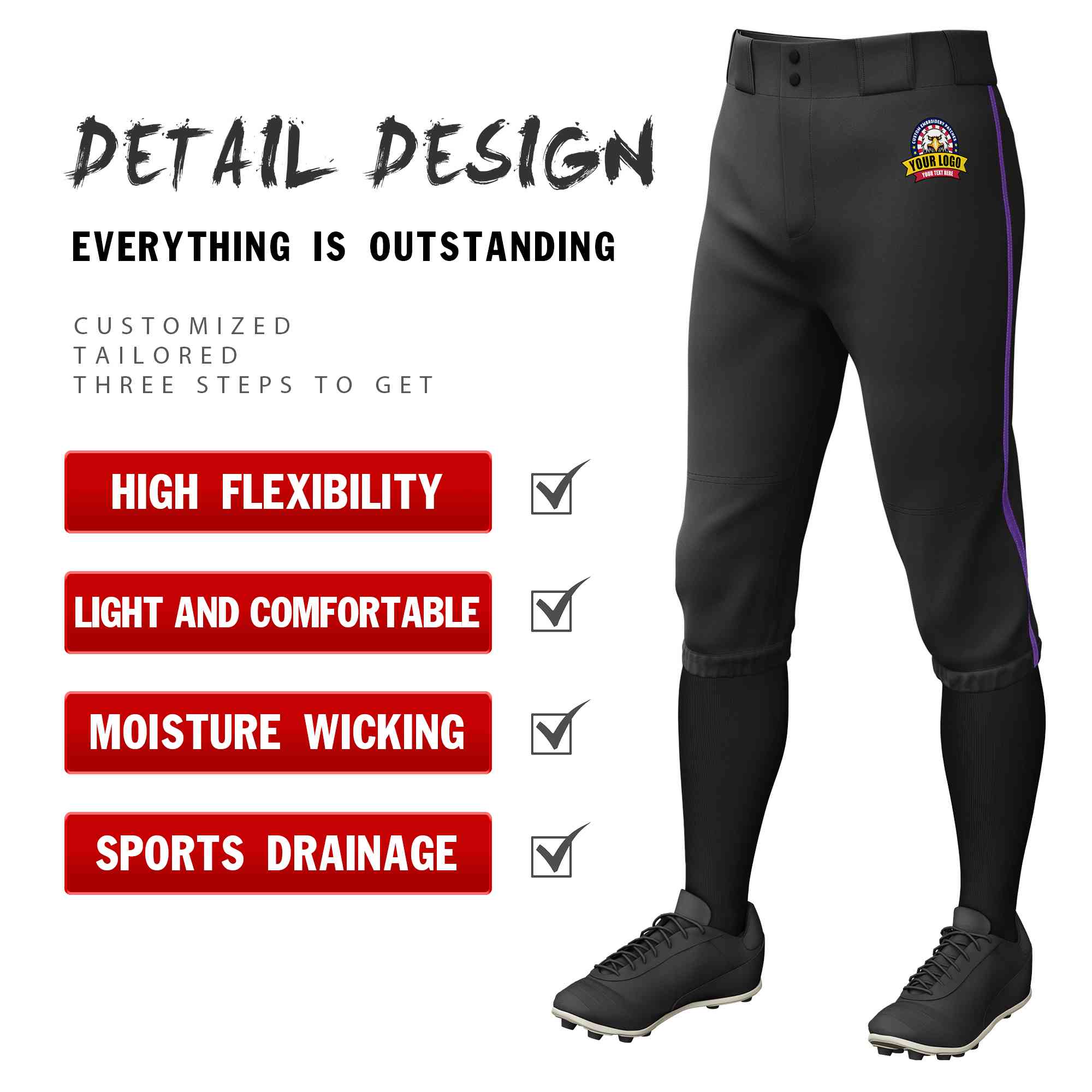 Pantalon de baseball personnalisé noir violet, coupe classique, culotte d'entraînement extensible