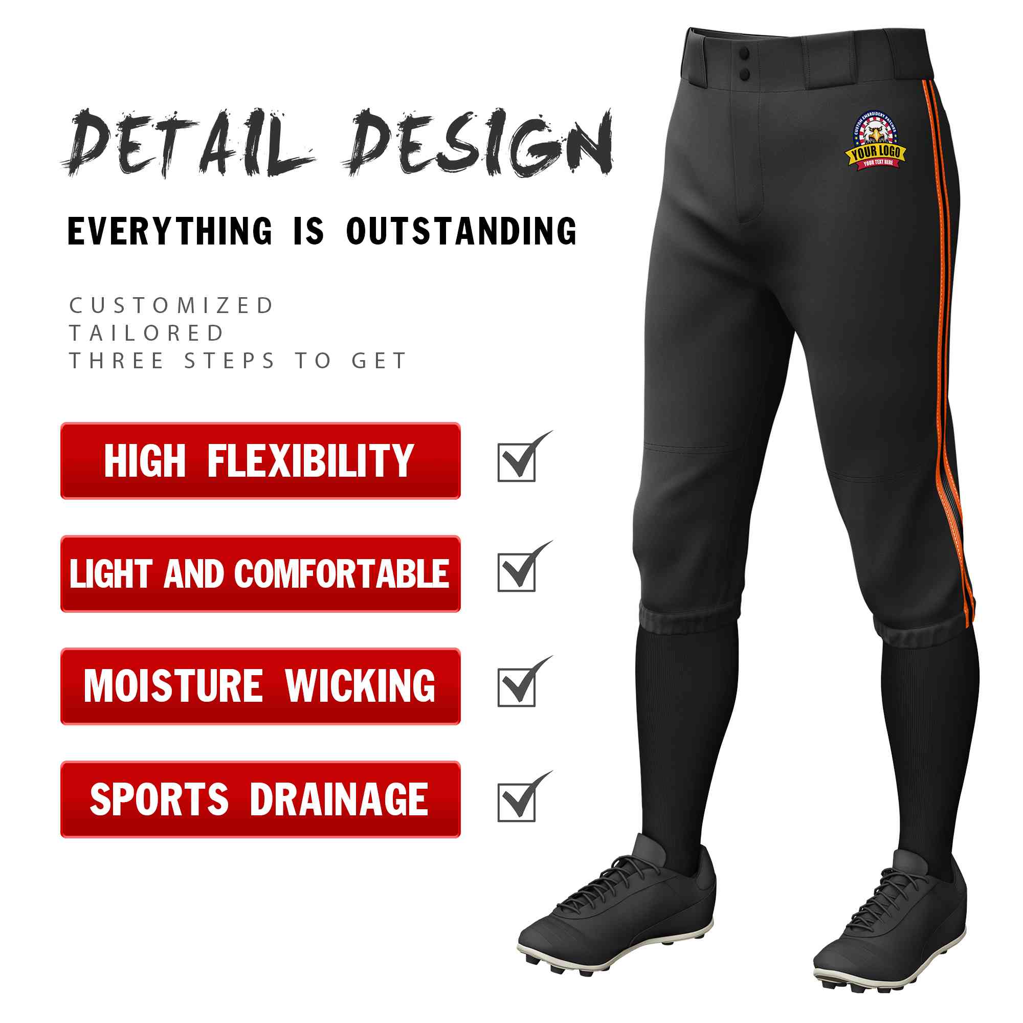 Pantalon de baseball personnalisé, noir, orange, noir-orange, coupe classique, culotte d'entraînement extensible